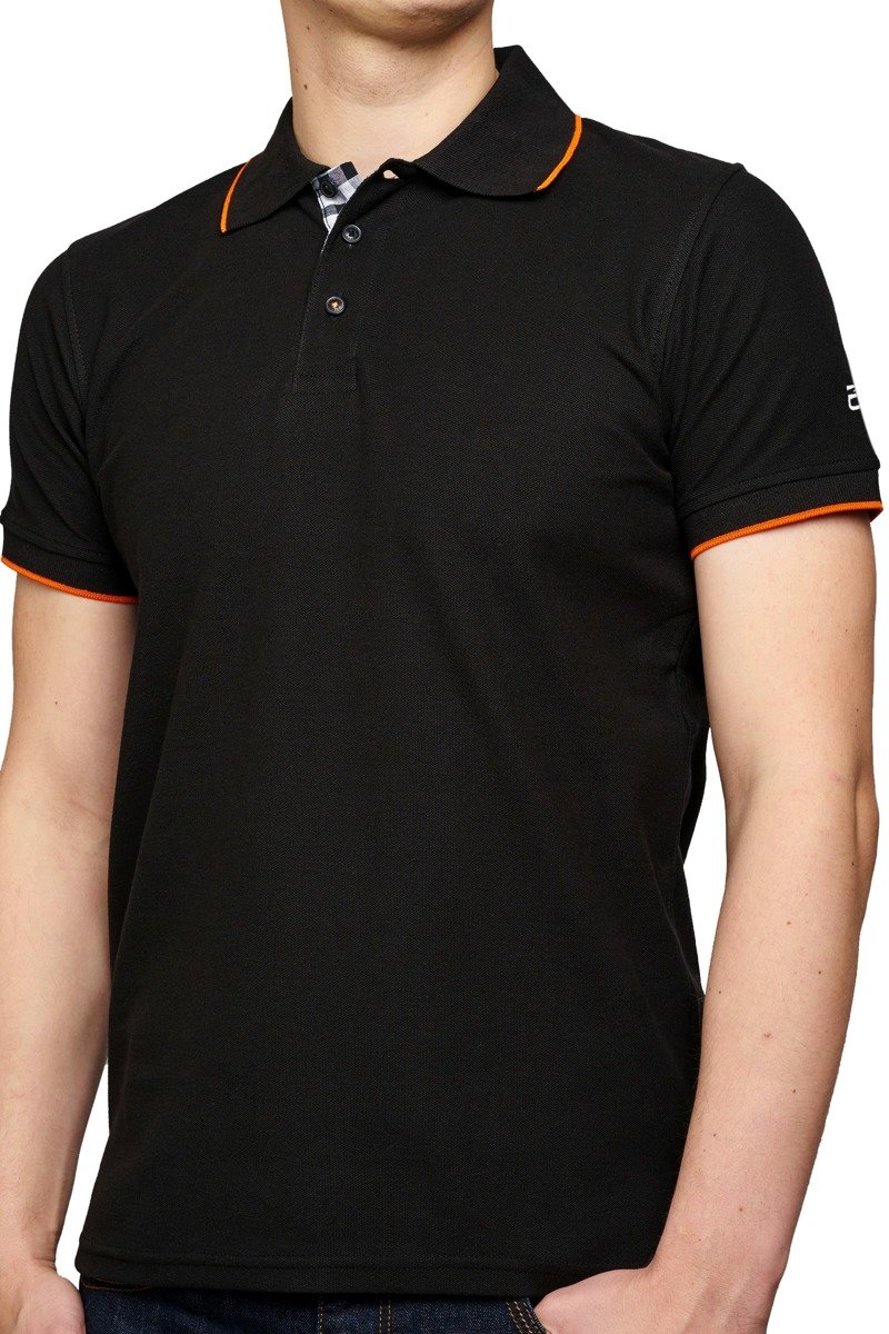 Kedar contrast tipped black polo shirt with logo on sleeve ...
